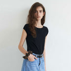 THE RYE Round Neck Cap Sleeve T-Shirt(Black)
