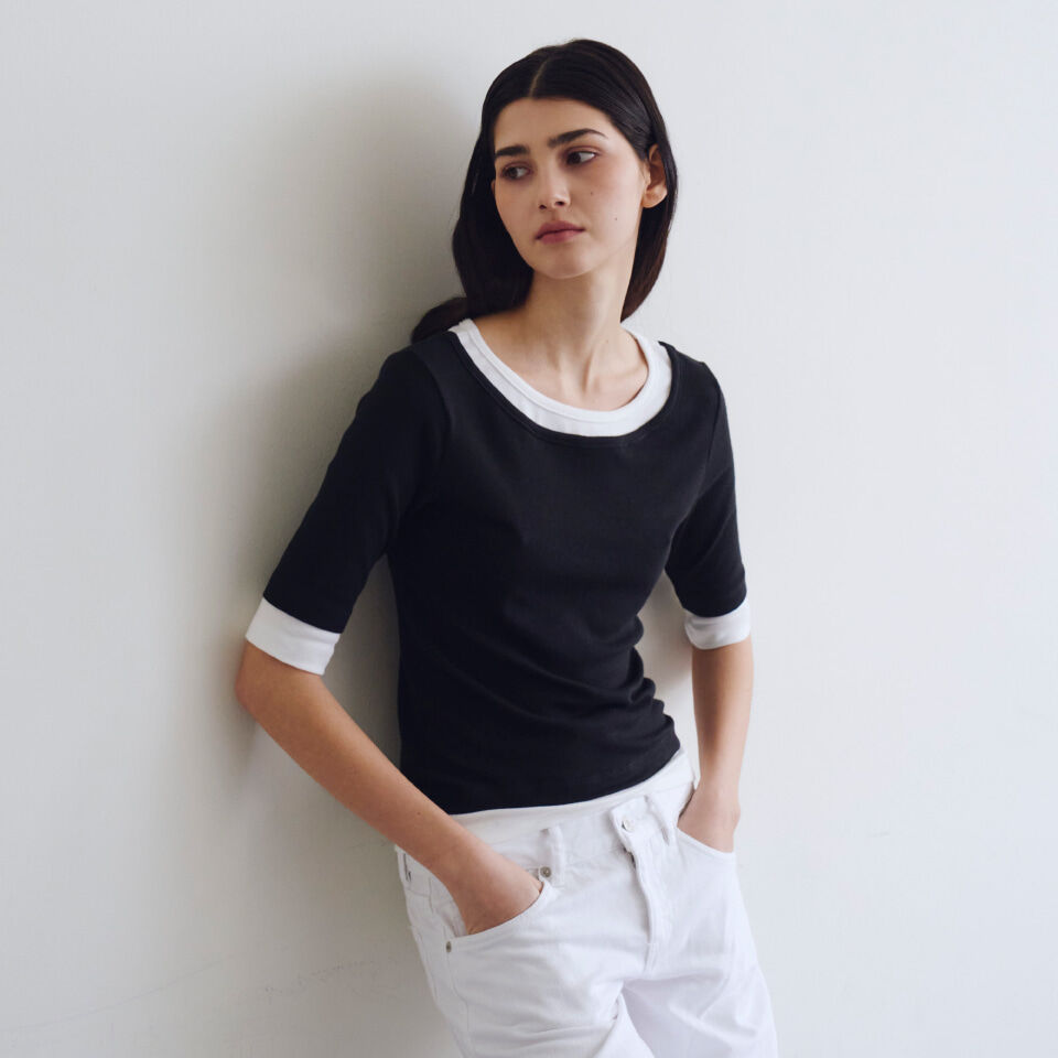 WAVE UNION Layered half sleeve top Black