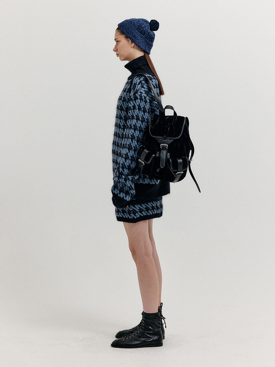 EENK EENK XIAMOND Houndstooth Check Knit Skirt - Blue/Black