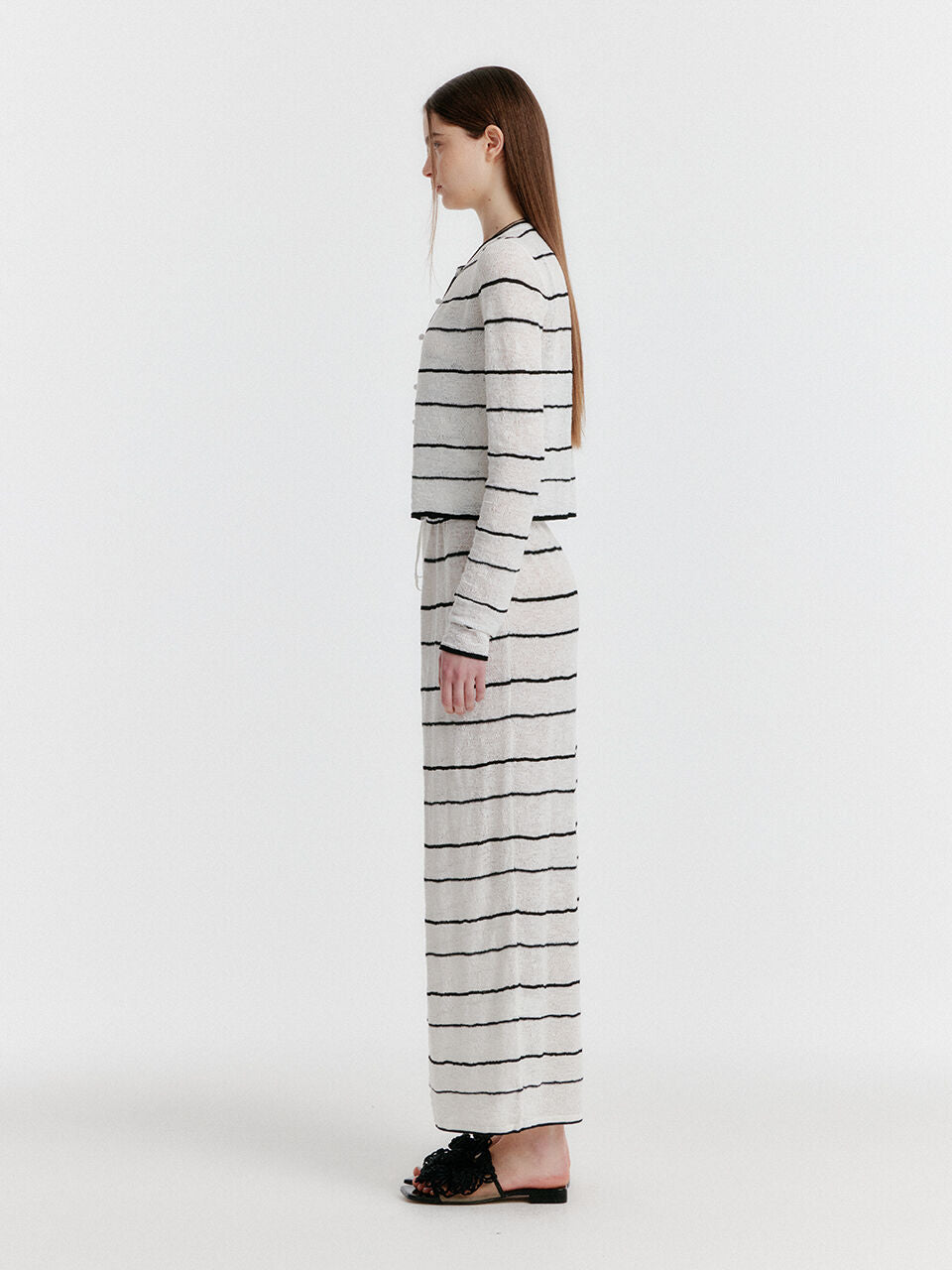 EENK YOZO Jacquard Stripe Knit Cardigan - Ivory/Black