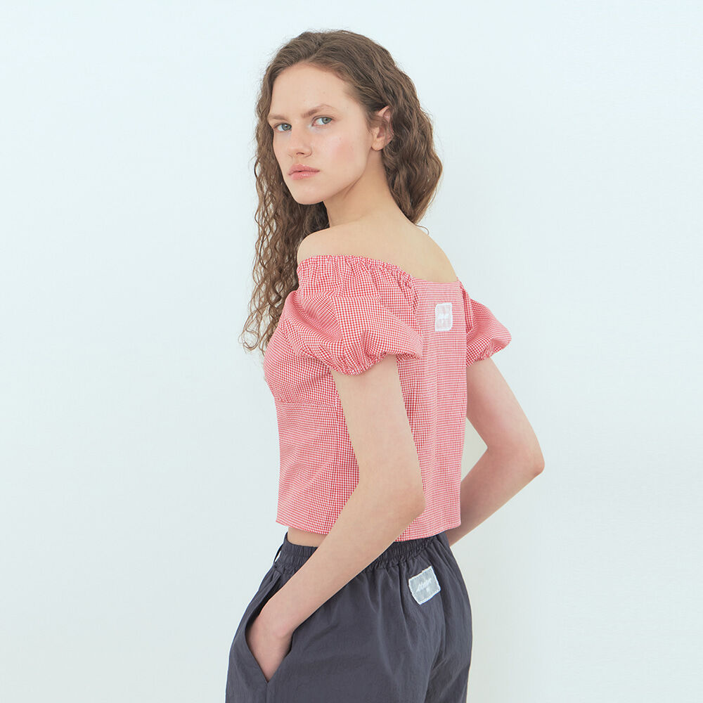 ETMON Check Shirring Blouse, Red