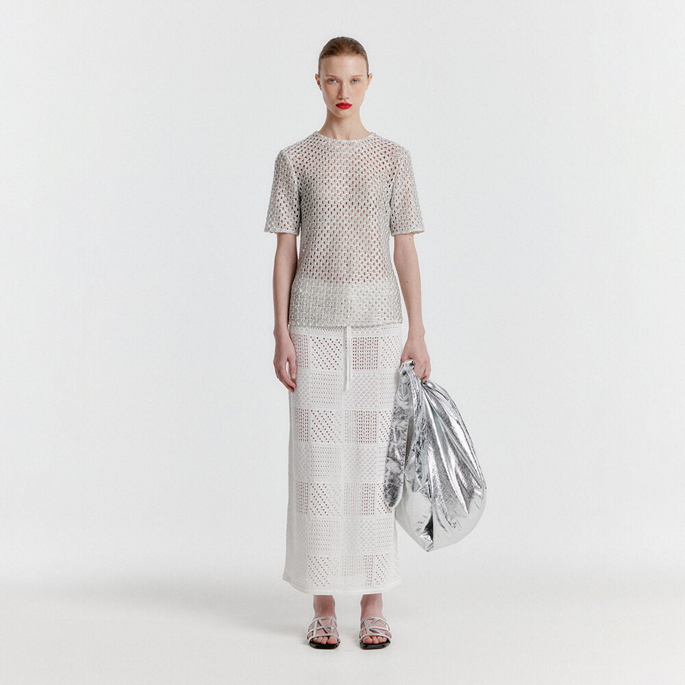 EENK YIZNY Panelled Lace Knit Long Skirt - White