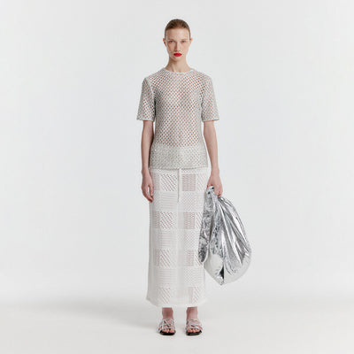 YIZNY Panelled Lace Knit Long Skirt - White