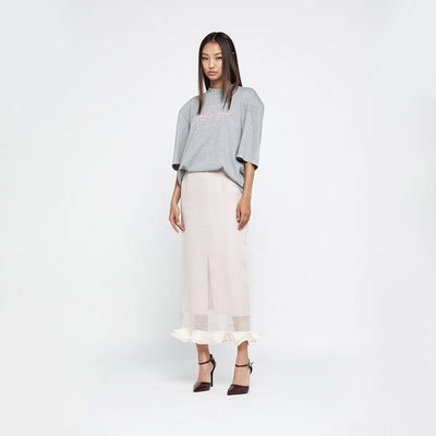 SHEER-PANELLED FLOW RUFFLE LONG SKIRT IVORY (R25SK6021IV)