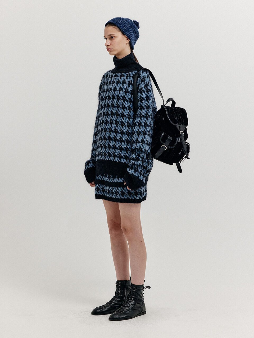 EENK EENK XIAMOND Houndstooth Check Knit Skirt - Blue/Black