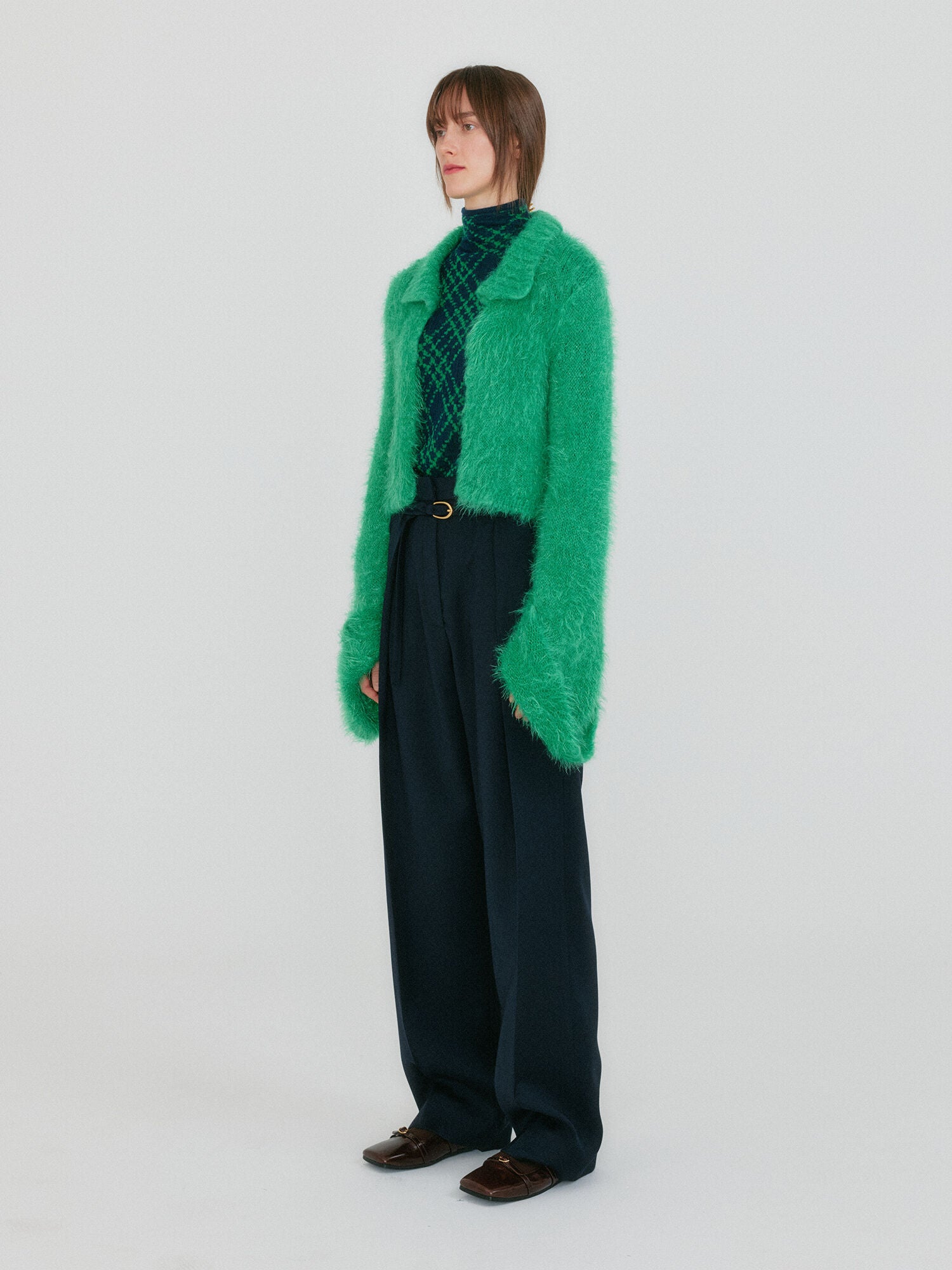 EENK ZIGGY Textured Collar Knit Cardigan - Green