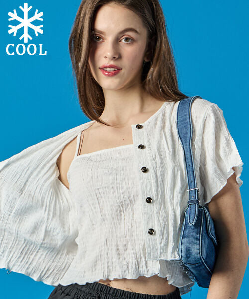KOLEAT [Wearing Han Bo-reum and Lee Chae-yeon] Set-up summer cooling Marmont crop cardigan short-sleeved T-shirt and string tank top set [white]