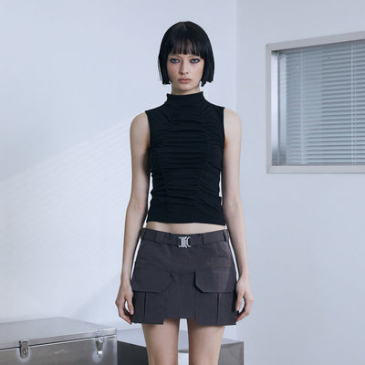 Shirring High Neck Sleeveless (BLACK)