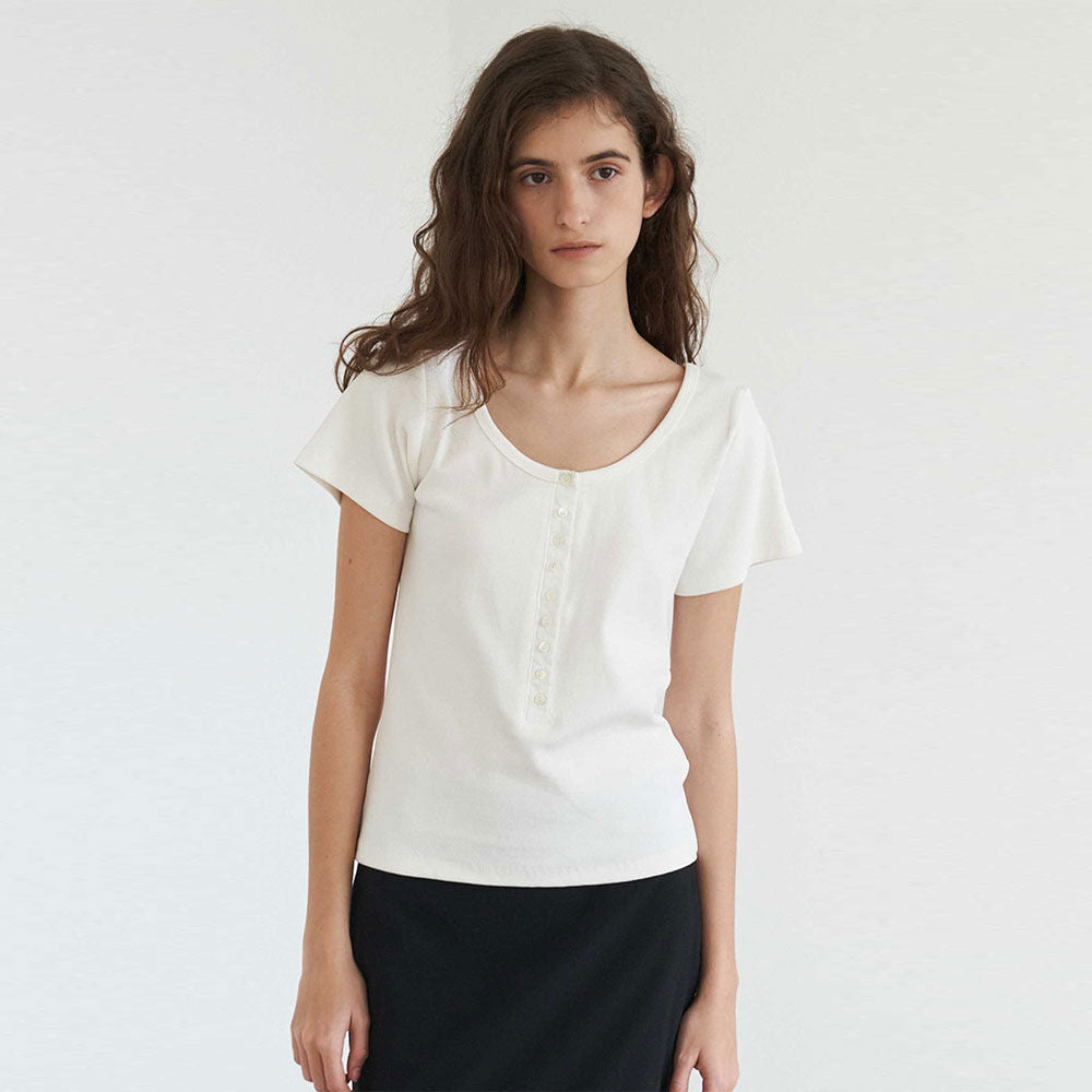 THE RYE U-Neck Button T-Shirt(White)
