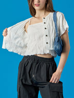 KOLEAT [Wearing Han Bo-reum and Lee Chae-yeon] Set-up summer cooling Marmont crop cardigan short-sleeved T-shirt and string tank top set [white]