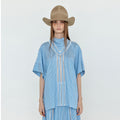 EENK EENK WOVIA Short Sleeve Scarf Blouse - Skyblue Stripe