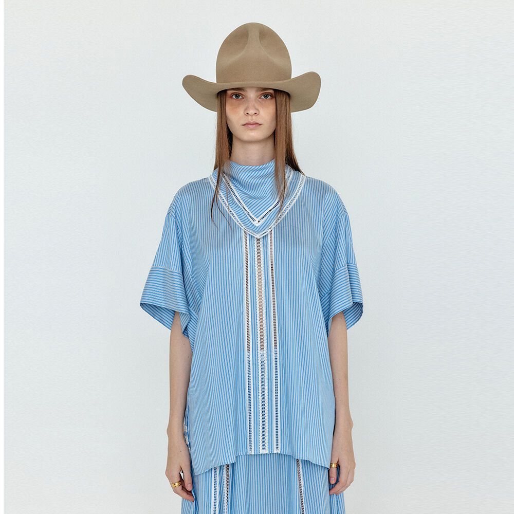 EENK EENK WOVIA Short Sleeve Scarf Blouse - Skyblue Stripe