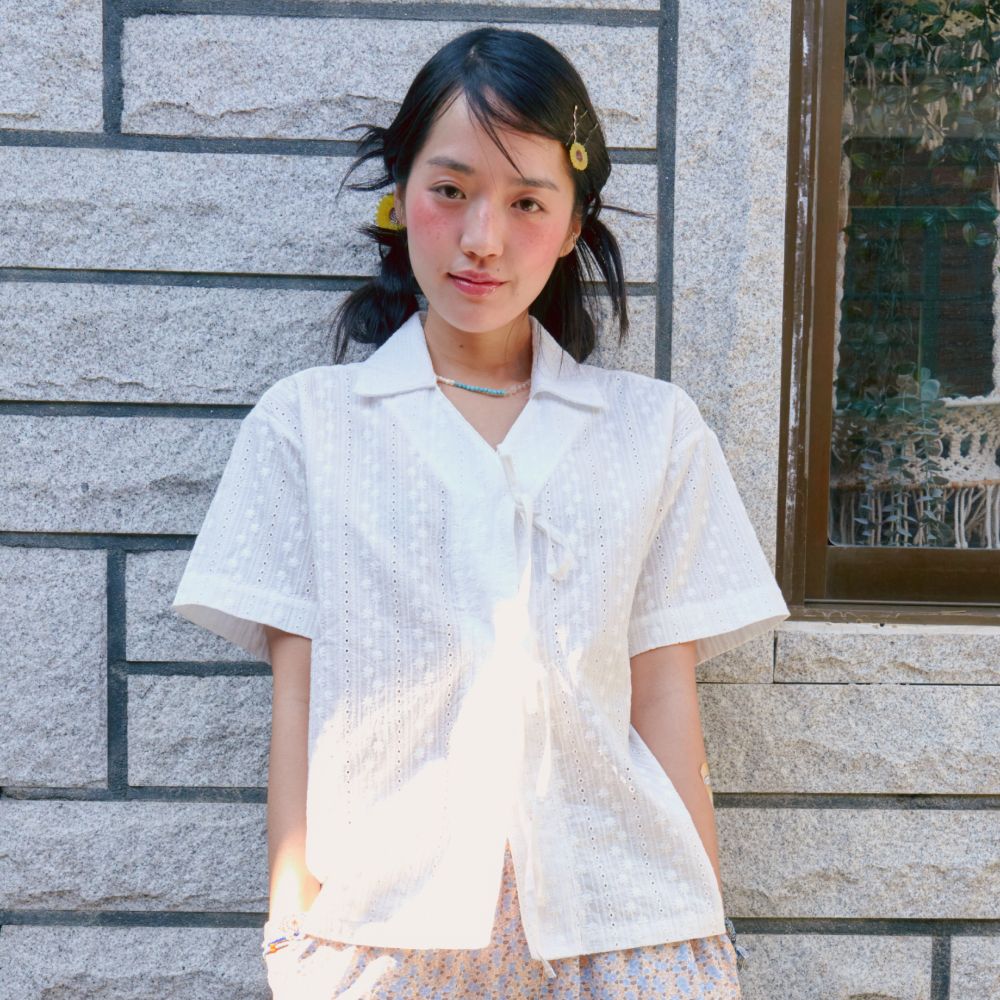 Masal short sleeve shirt 2 colors cotton 100 ribbon detail