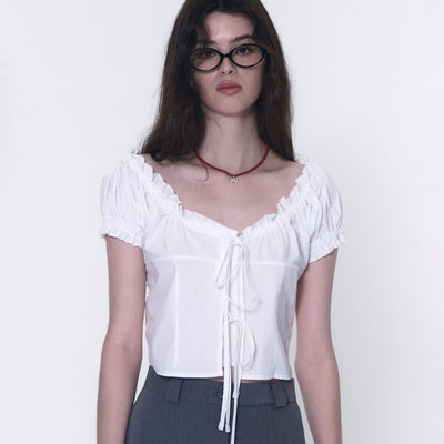 Frill Ribbon Strap Round Neck Crop Short Sleeve Blouse Shirt [White]