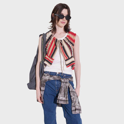 (W) Face Hand Knit Sleeve-less Top (RED)